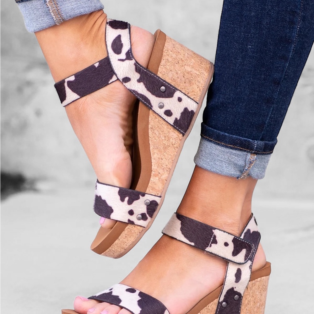 Cow Print Wedge Sandals